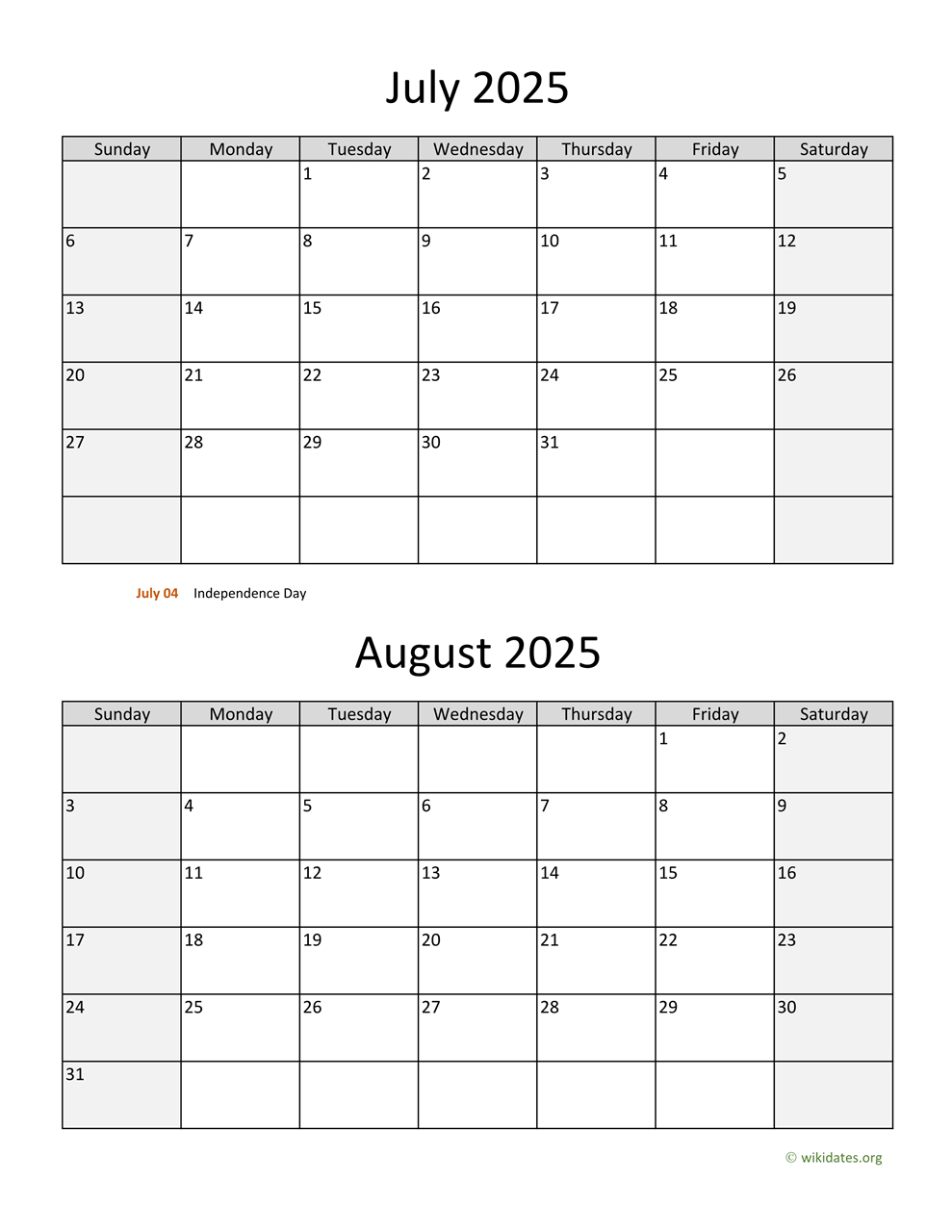 July And August 2025 Calendar | Wikidates in July And August 2025Printable Calendar