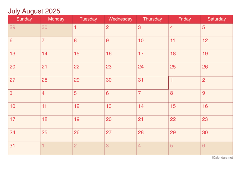 Calendar July and August 2025 | Printable Calendars