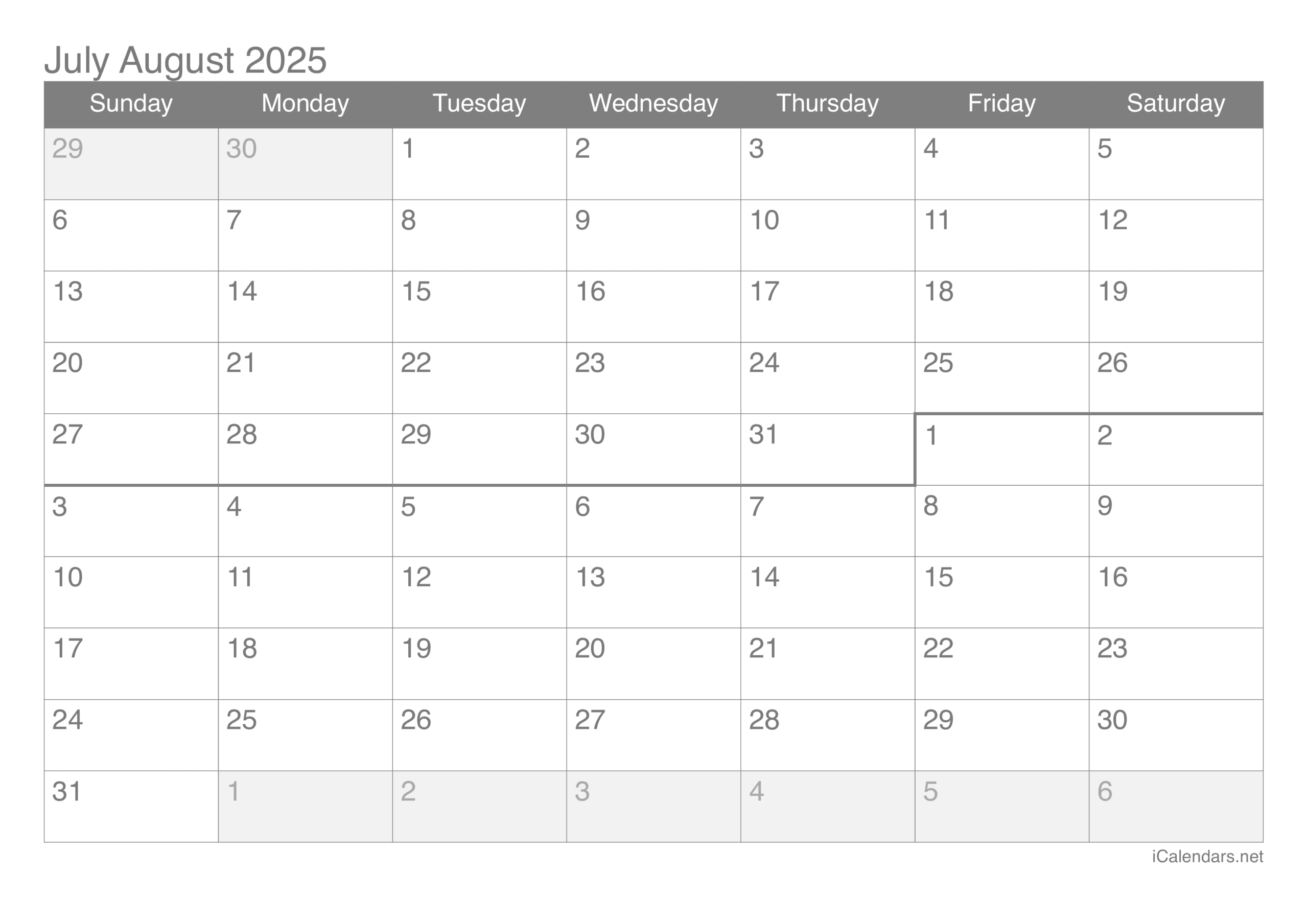July And August 2025 Printable Calendar within August 2025 To August 2025 Calendar