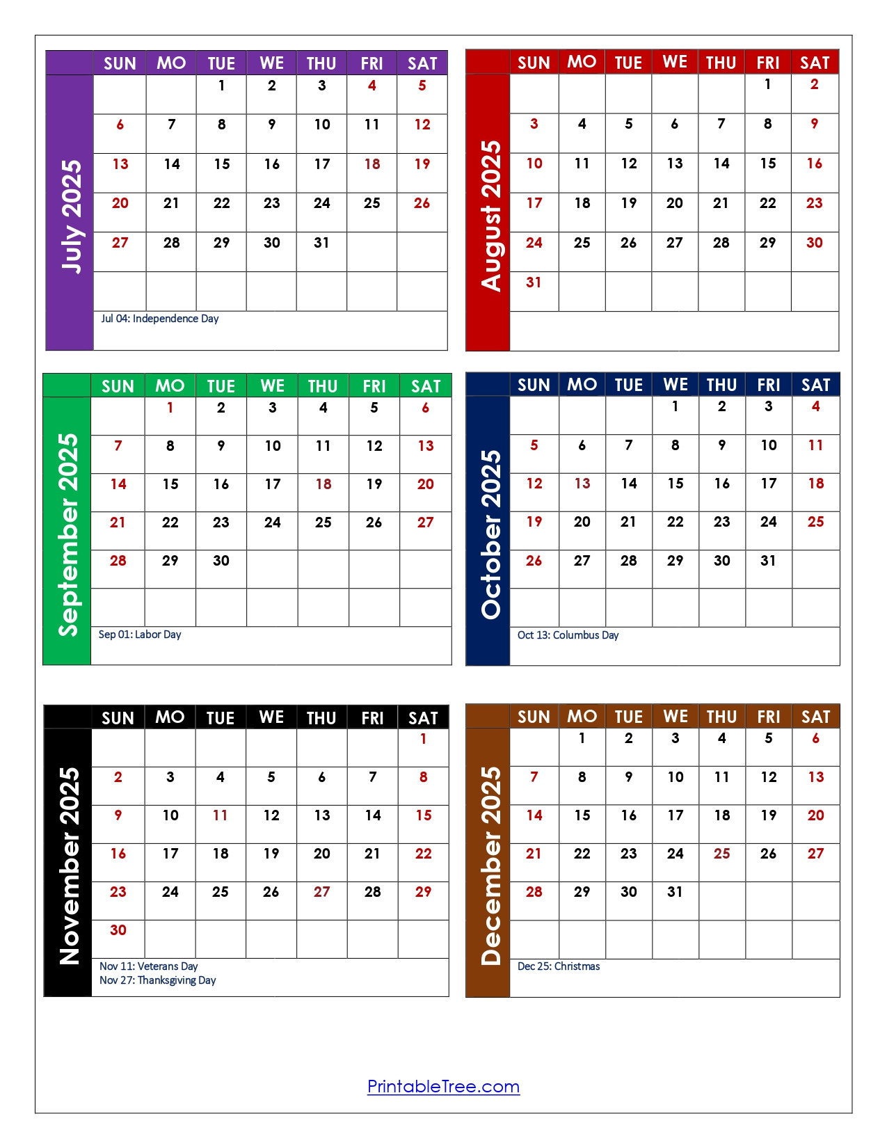 July To December 2025 Calendar Printable Pdf | Six Months Calendar pertaining to August To December Calendar 2025