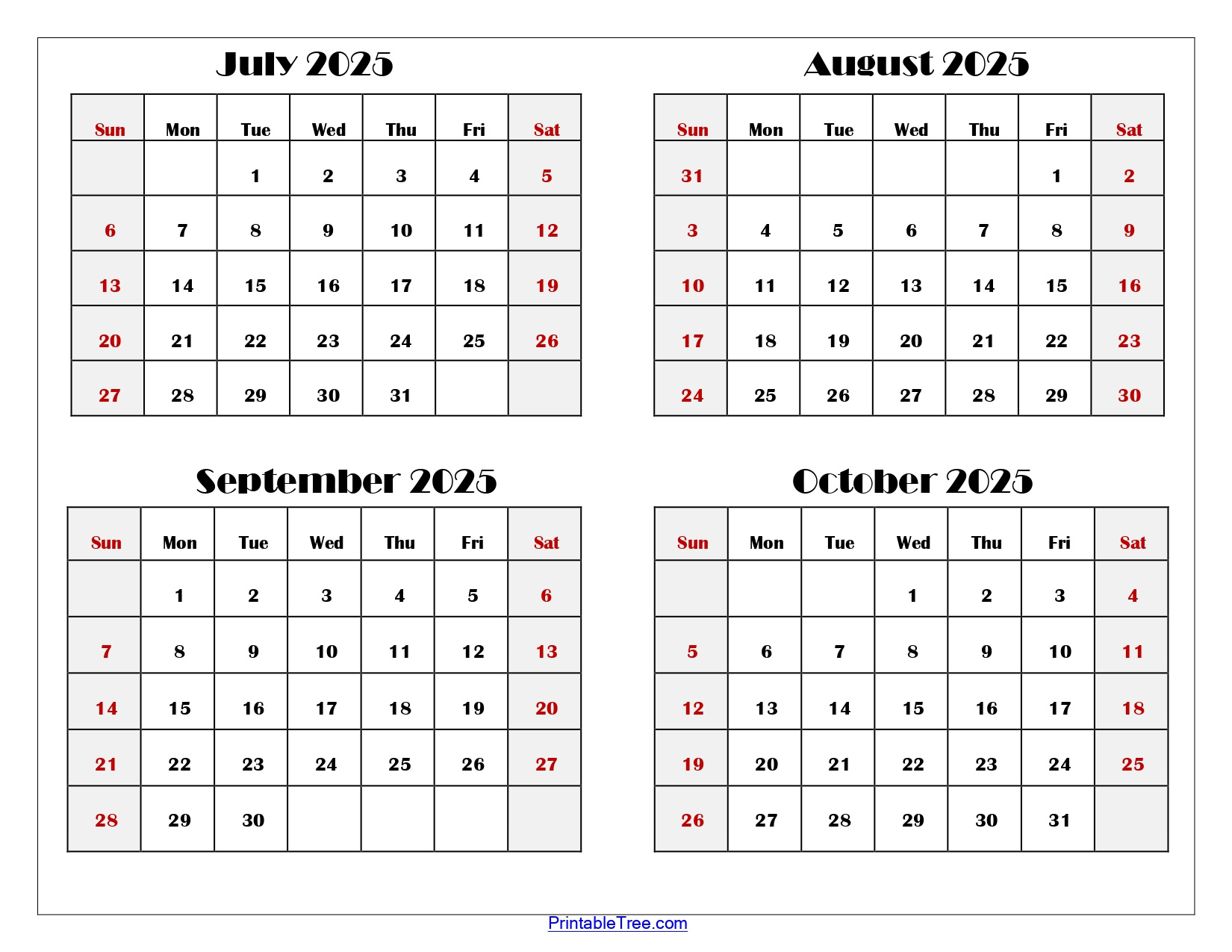 July To October 2025 Calendar Printable Pdf | Four Months Calendar intended for August Sept Oct 2025 Calendar