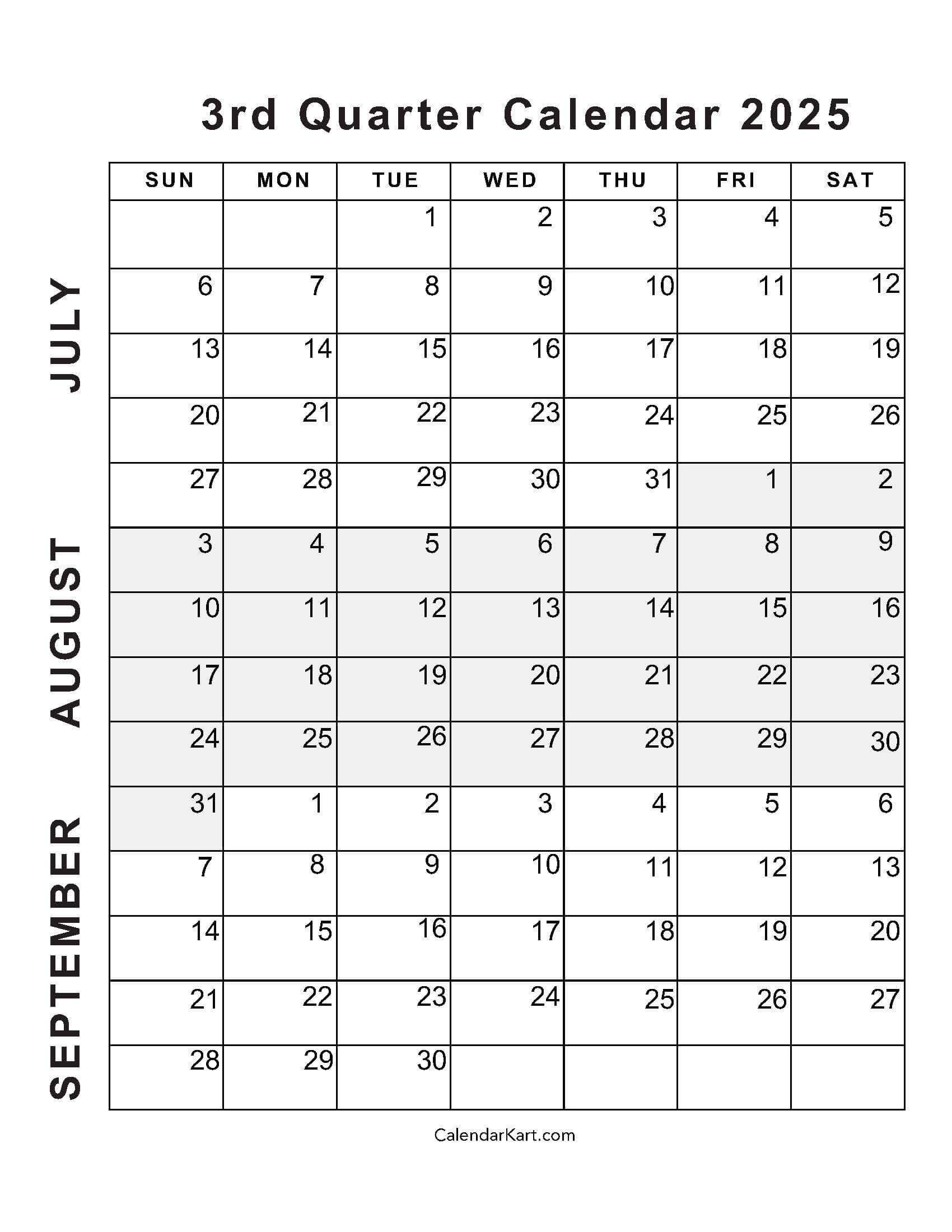 July To September 2025 Calendar (Q3) - Calendarkart for July August September Printable Calendar 2025