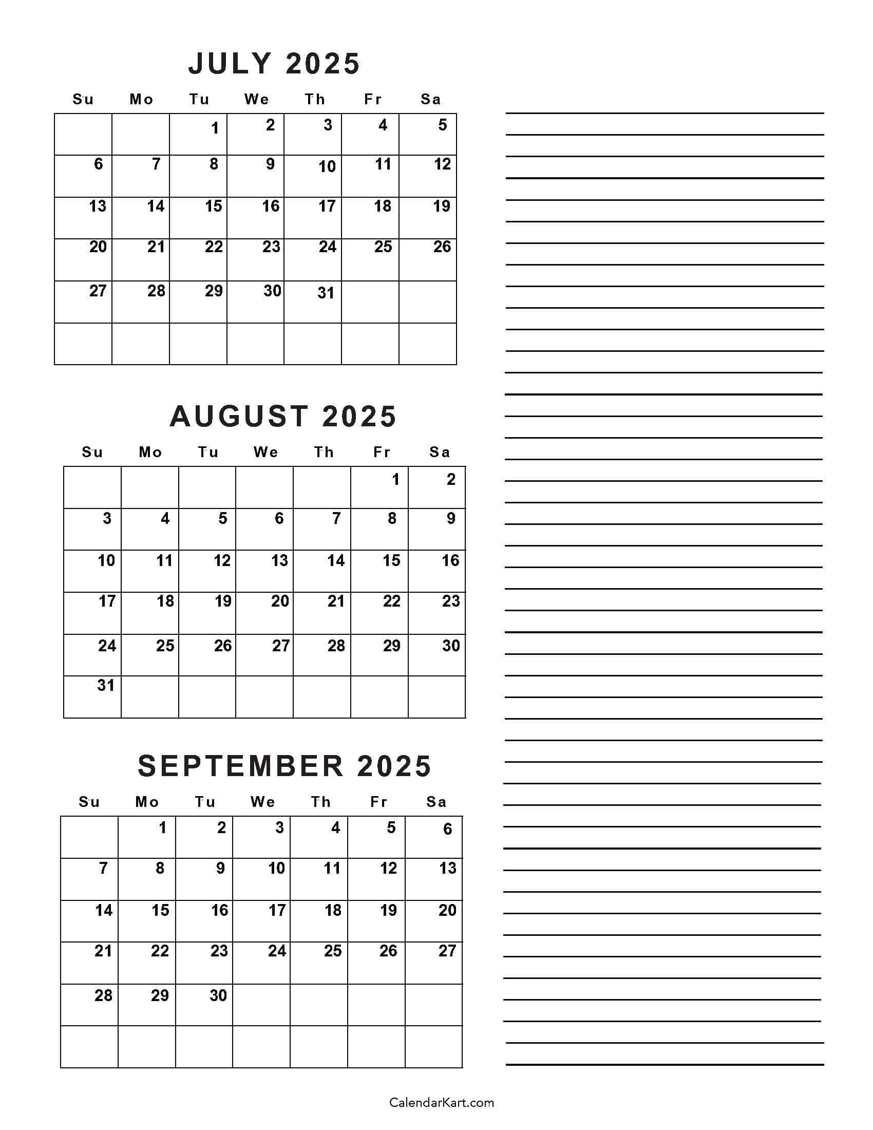 July To September 2025 Calendar (Q3) - Calendarkart inside Calendar July August September 2025