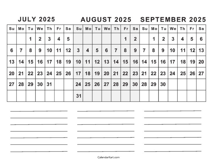 July August September Printable Calendar 2025