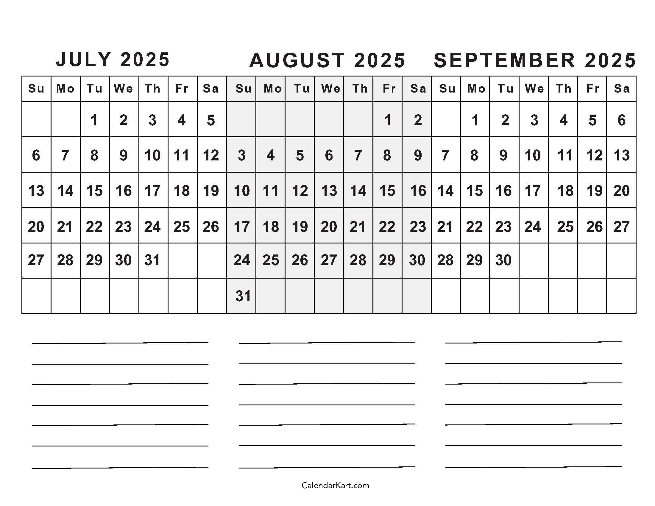 July To September 2025 Calendar (Q3) - Calendarkart with regard to July August September Printable Calendar 2025