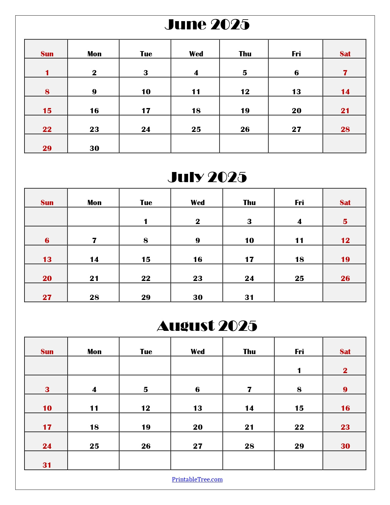 June To August 2025 Calendar Printable Pdf | Three Months Calendar for 2025 June July August 2025 Calendar