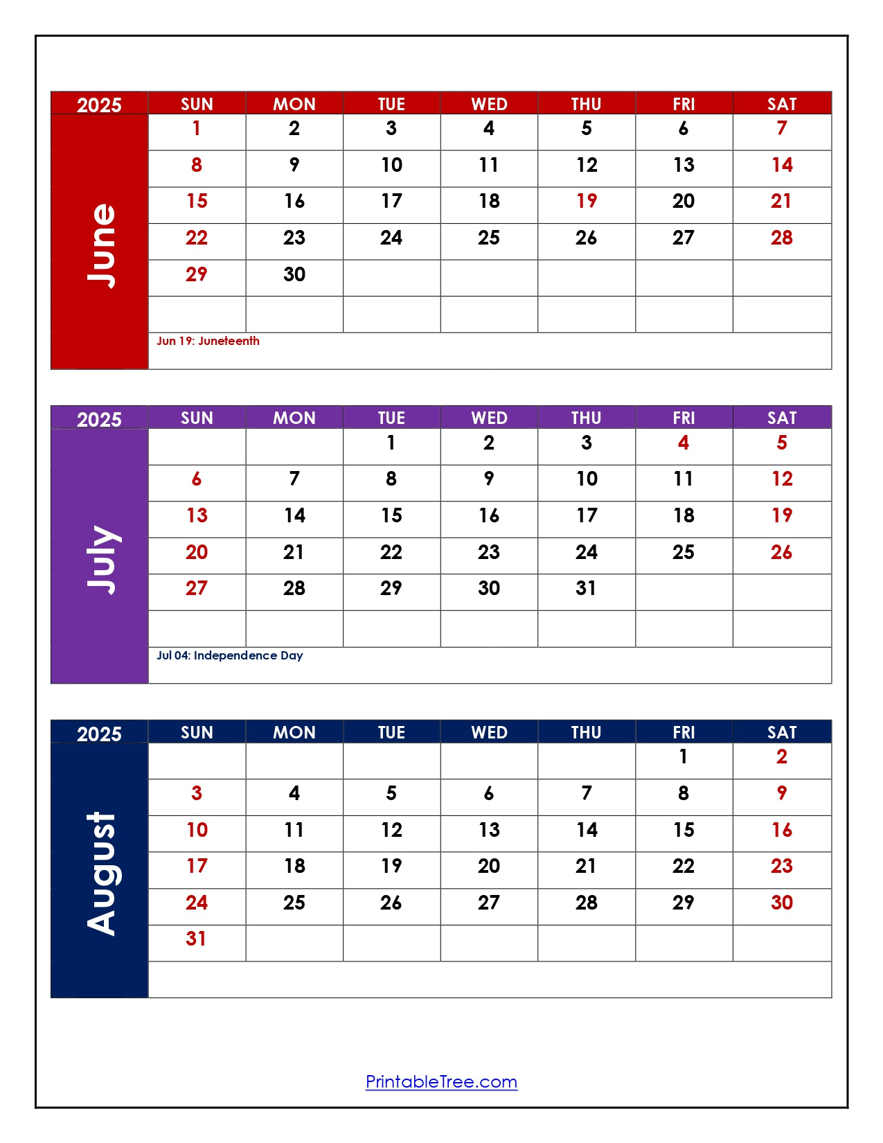 June To August 2025 Calendar Printable Pdf | Three Months Calendar with Free Printable Calendar August 2025 - June 2026