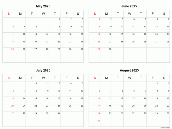 May to August 2025 Calendar
