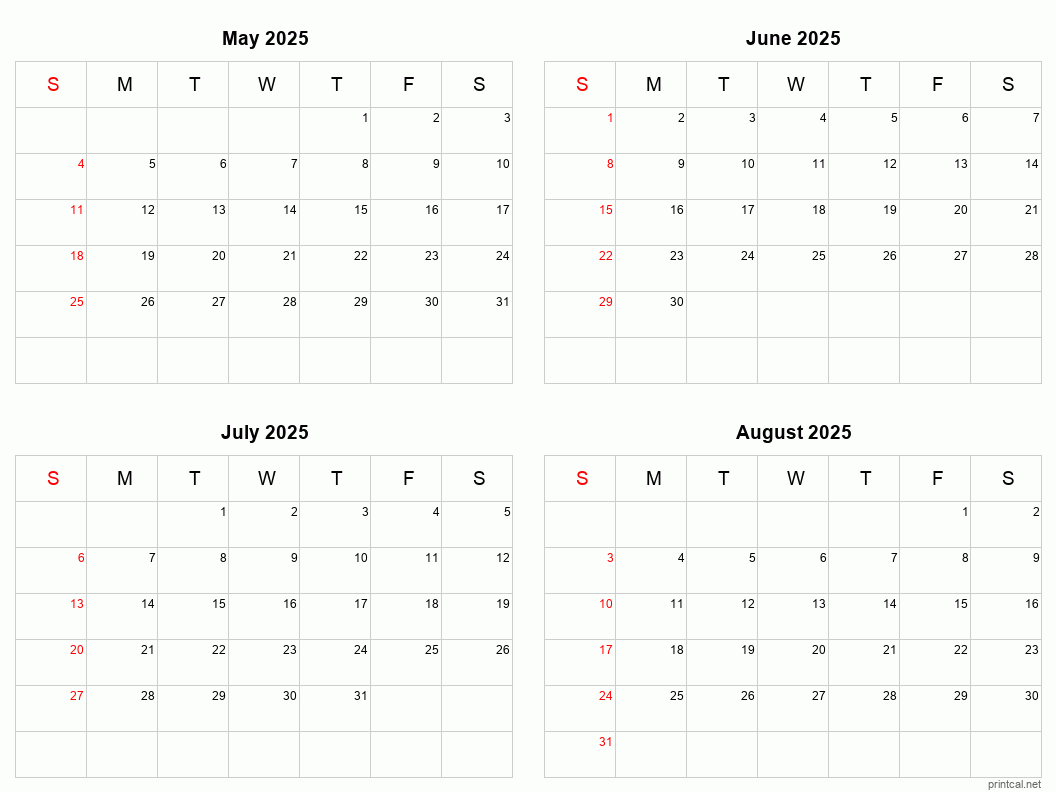 May To August 2025 Printable Calendar | Four Months Per Page intended for May To August 2025 Calendar