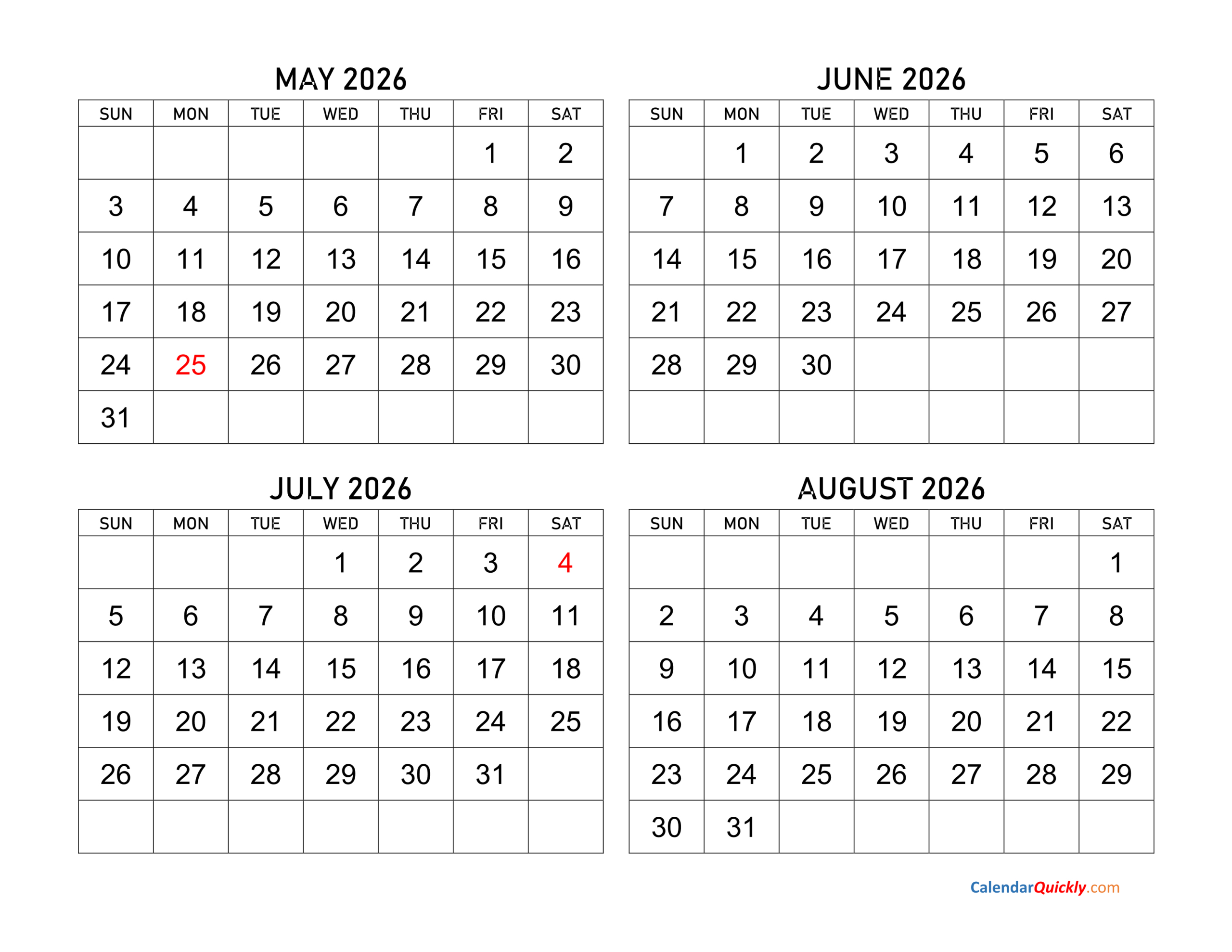 May To August 2026 Calendar | Calendar Quickly in August 2025 - May 2026 Calendar