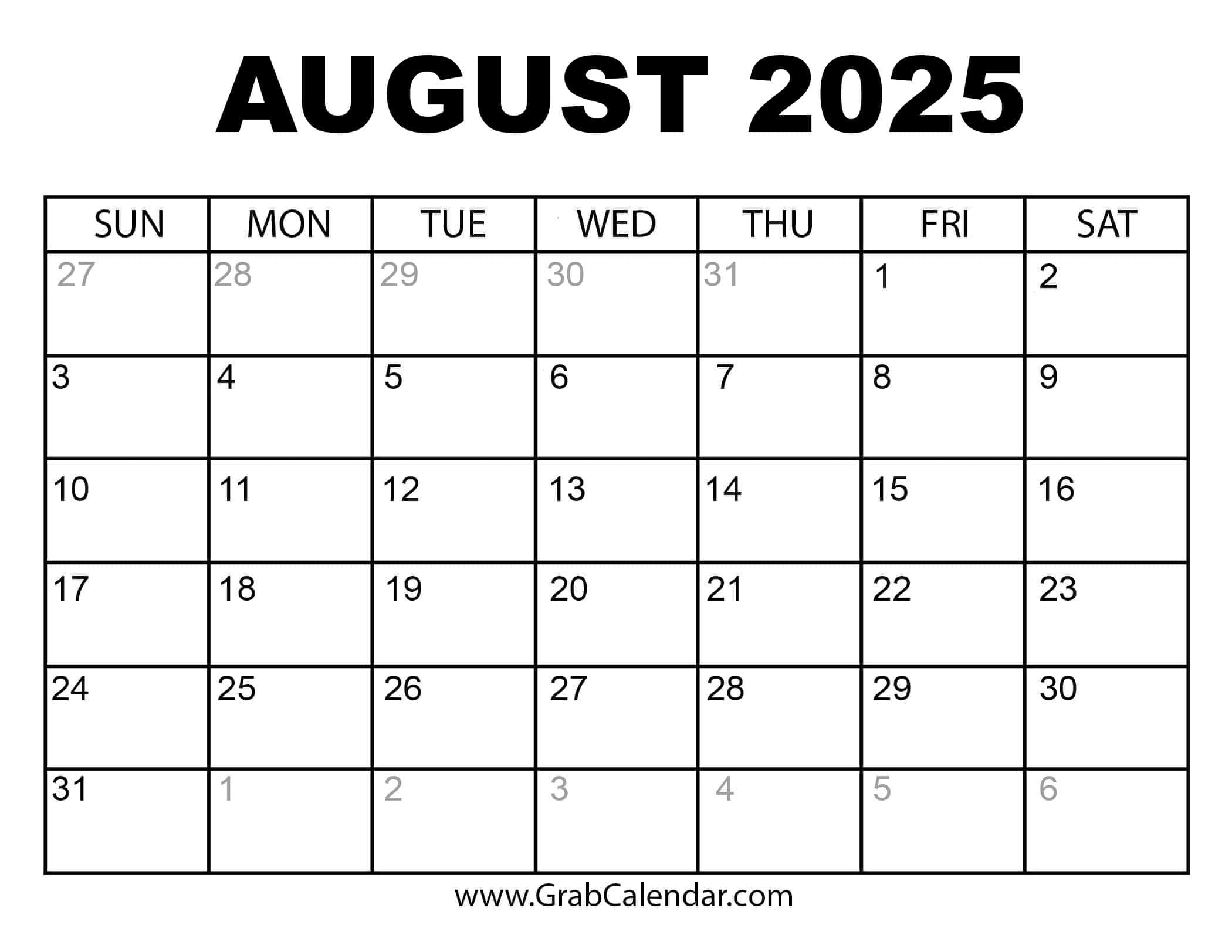 Printable August 2025 Calendar with Calendar Of August 2025