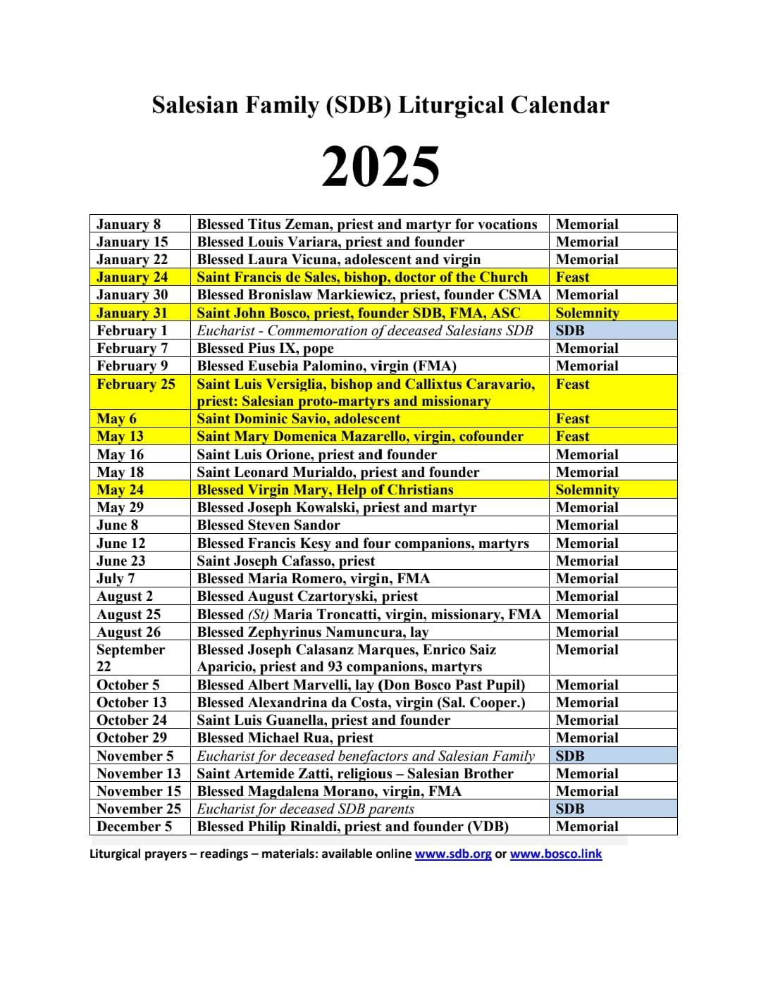 Resource - 2025 Salesian Family Calendar - Liturgy Prayer Intentions within August Saints Calendar 2025