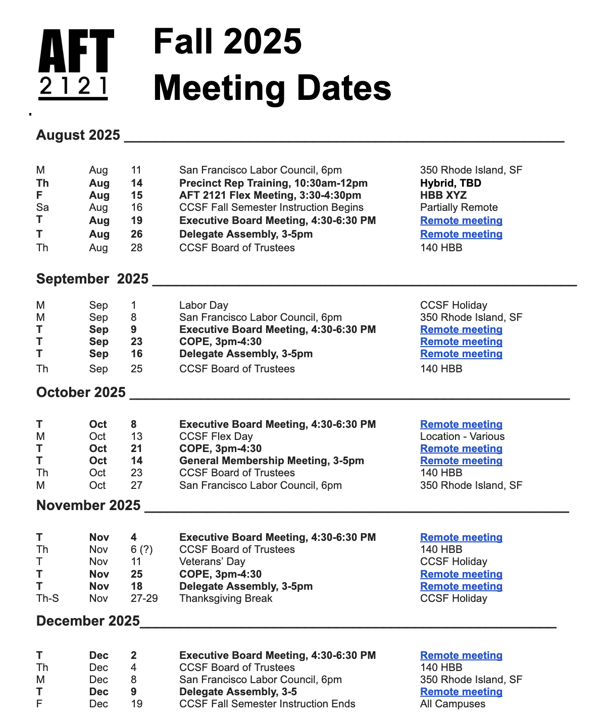 Tech Reporting Form | Aft 2121 for Ccsf August 2025 Calendar