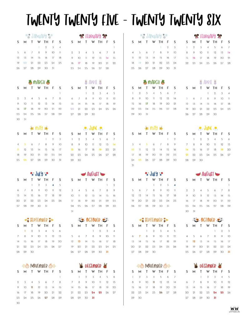 2025-2026 Two Year Calendars - 10 Free Cals | Printabulls intended for September 2025 To May 2026 Calendar Images Free Download