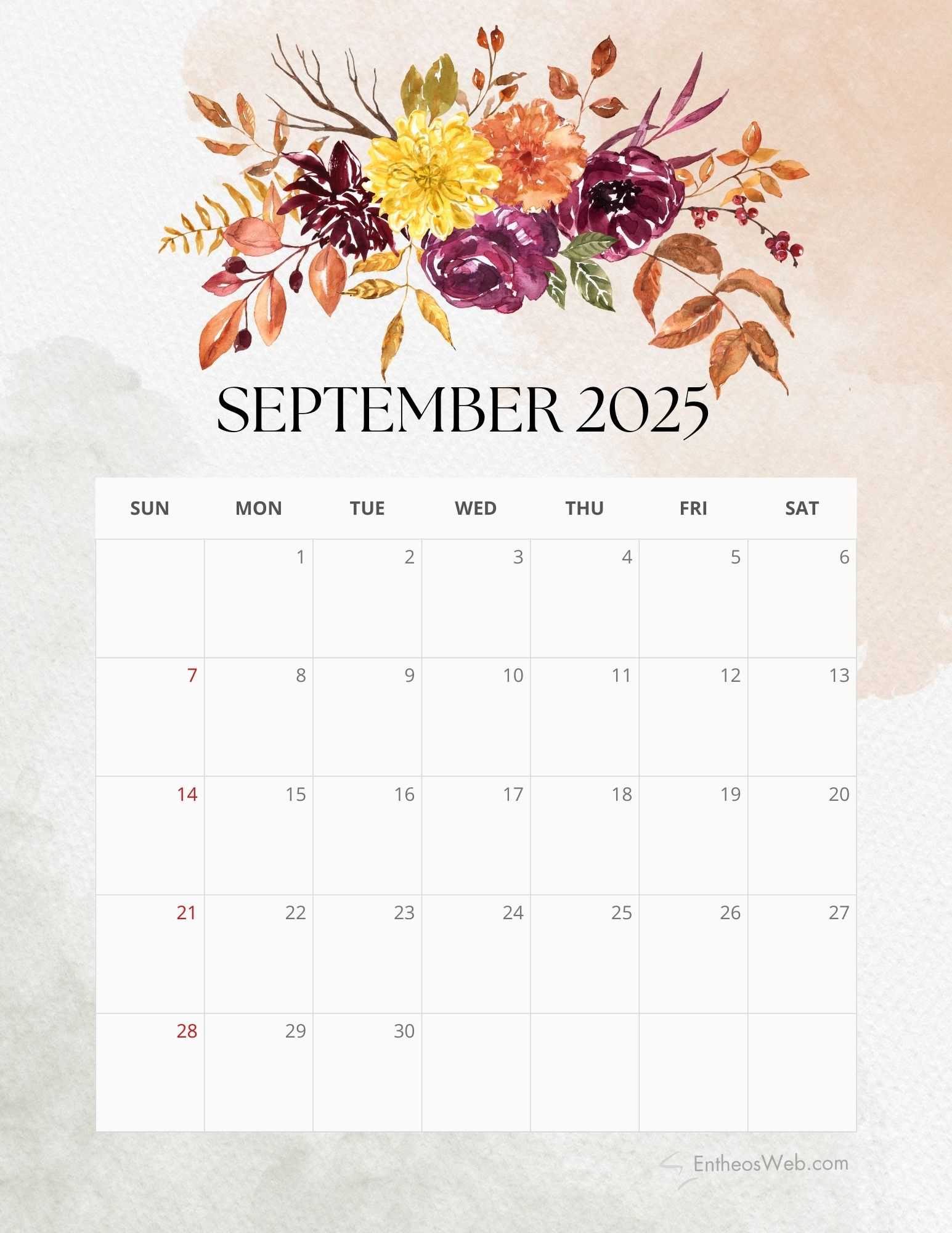 2025 Floral Monthly Calendar Free Pdf Printable | Entheosweb pertaining to September 2025 Calendar Flowers