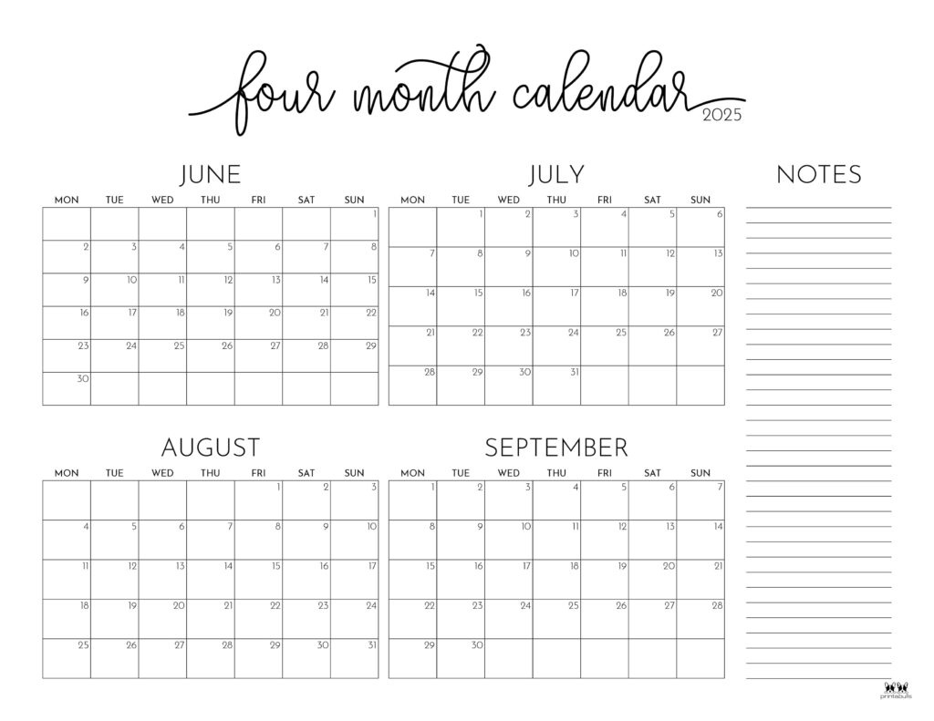 2025 Four Month Calendars - 31 Free Printables | Printabulls intended for June to September 2025 Calendar