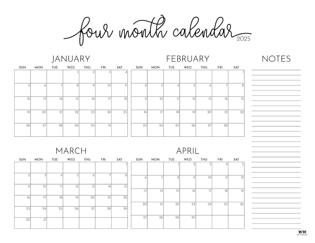 2025 Four Month Calendars - 31 Free Printables | Printabulls pertaining to April To September 2025 Calendar