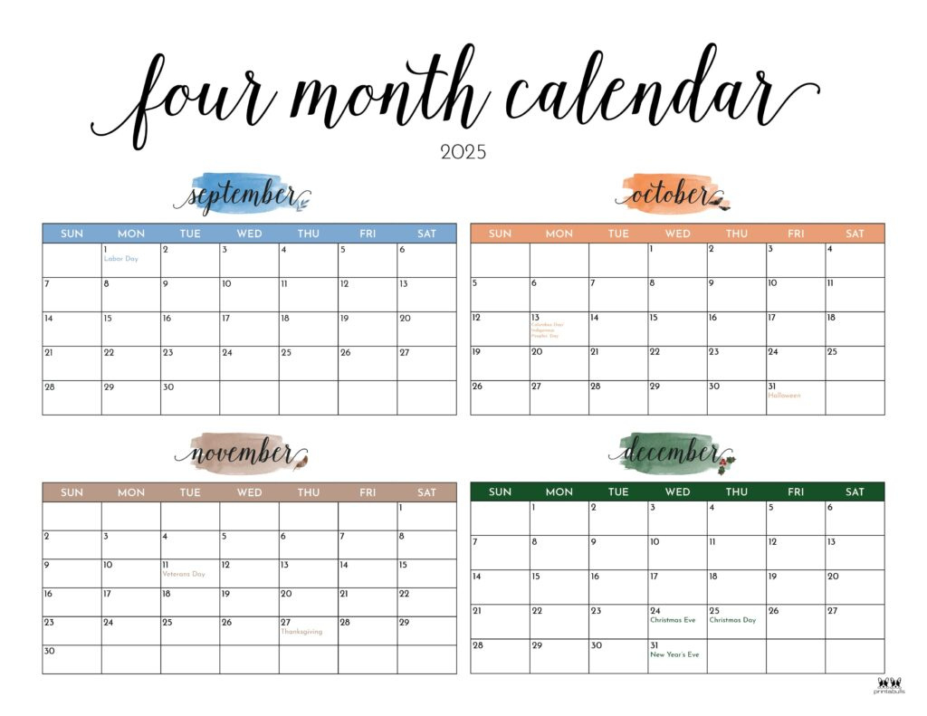 2025 Four Month Calendars - 31 Free Printables | Printabulls regarding September - December 2025 Calendar