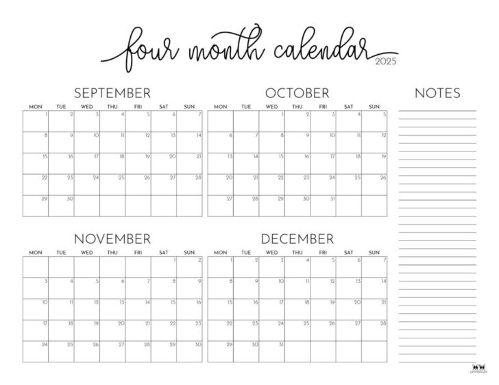 September – December 2025 Printable Calendar