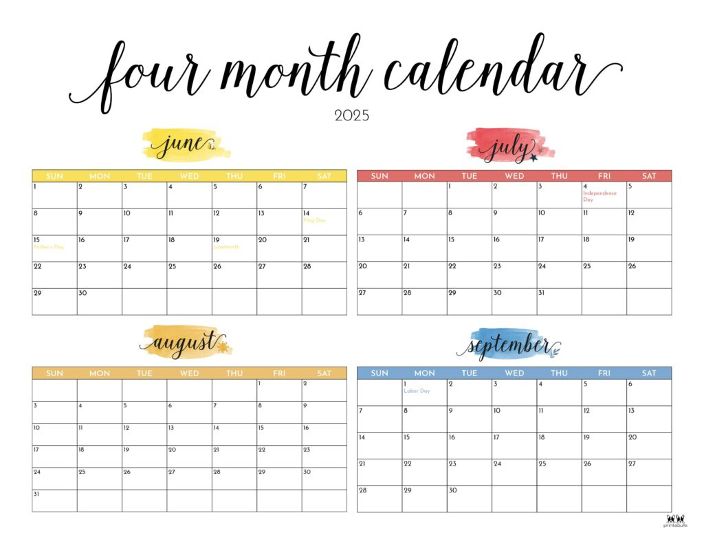 2025 Four Month Calendars - 31 Free Printables | Printabulls with 4 Month Calendar June Through September 2025