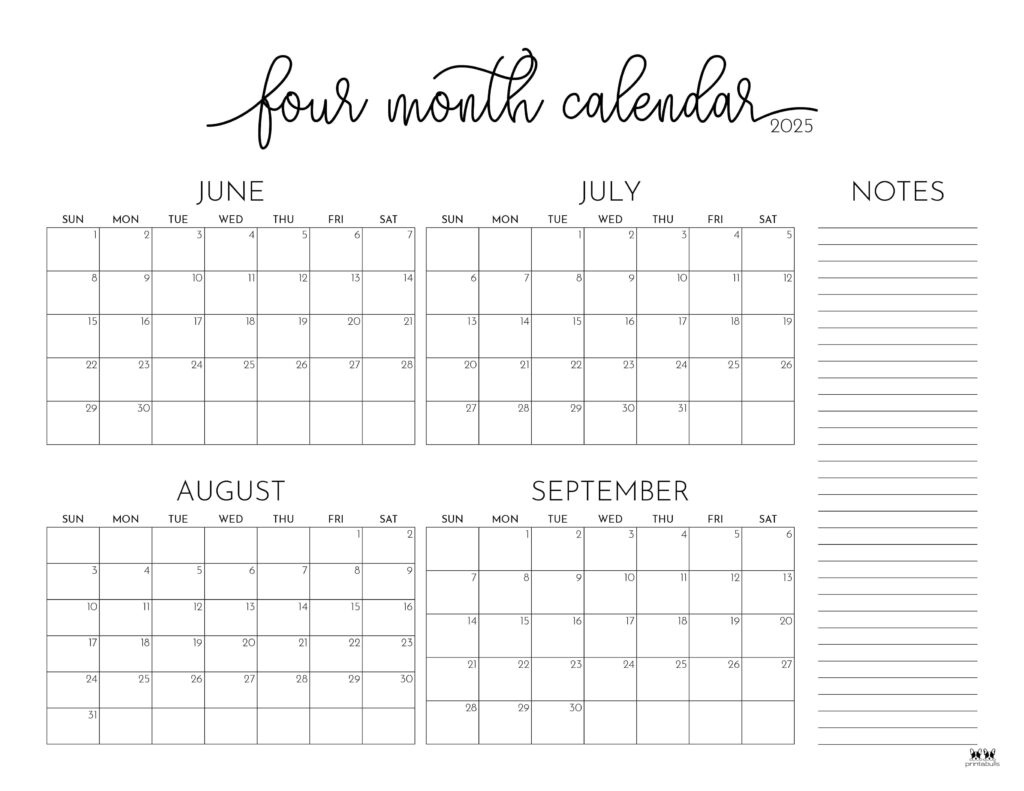 2025 Four Month Calendars - 31 Free Printables | Printabulls with May to September 2025 Calendar