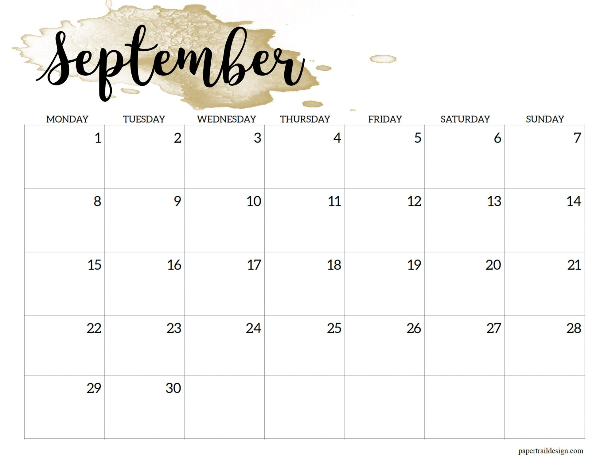 2025 Monday Start Calendar Printable - Watercolor - Paper Trail Design for September 2025 Calendar Monday to Sunday