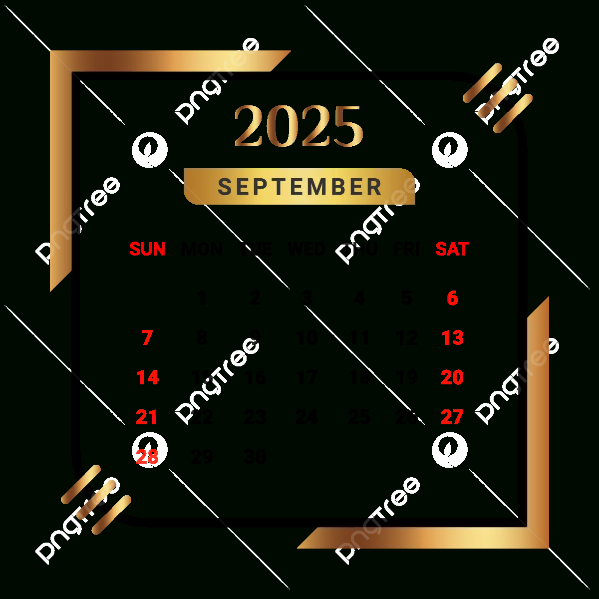 2025 September Month Calendar With Black And Golden Vector throughout Calendar September 2025 Png