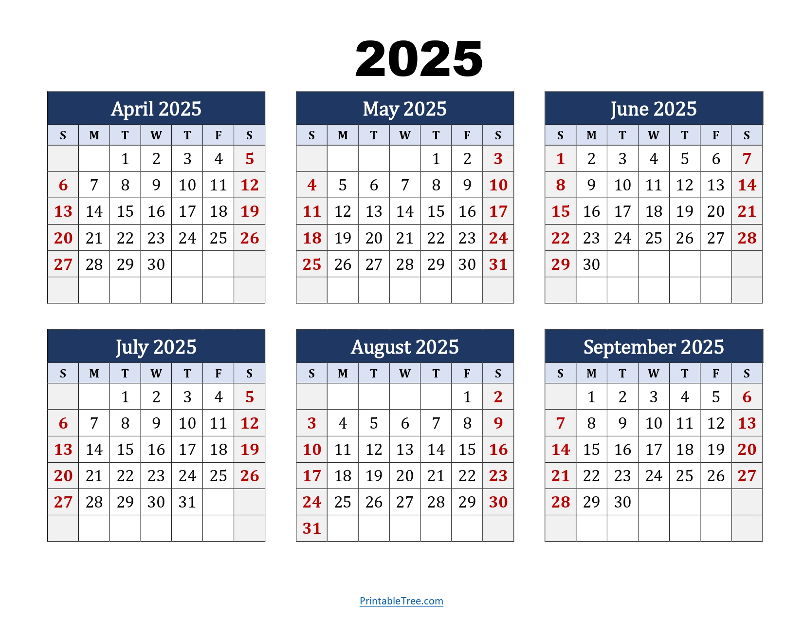 April To September 2025 Calendar Printable Pdf | Six Months Calendar in April to September 2025 Calendar