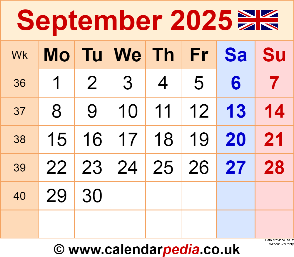 Calendar September 2025 Uk With Pdf, Excel And Word Templates in September 2025 Calendar United Kingdom