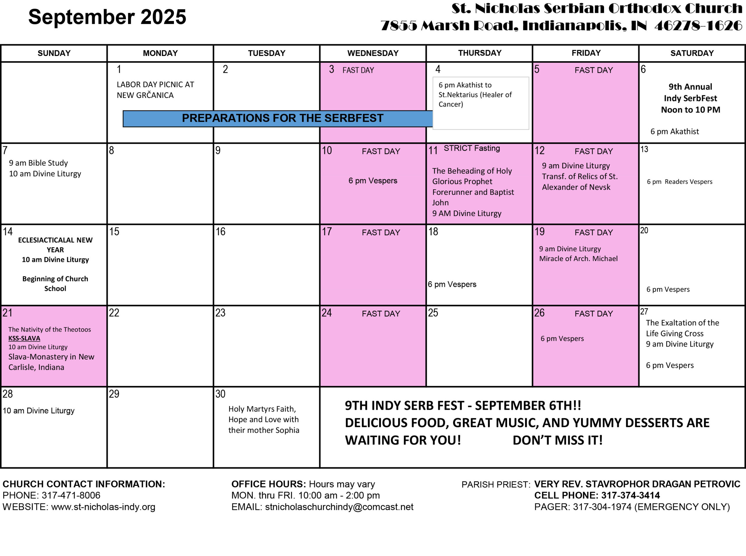 Calendar | St. Nicholas Serbian Orthodox Church for Calendar Orthodox 2025 September