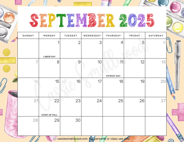 September Calendar 2025 with Holidays Printable