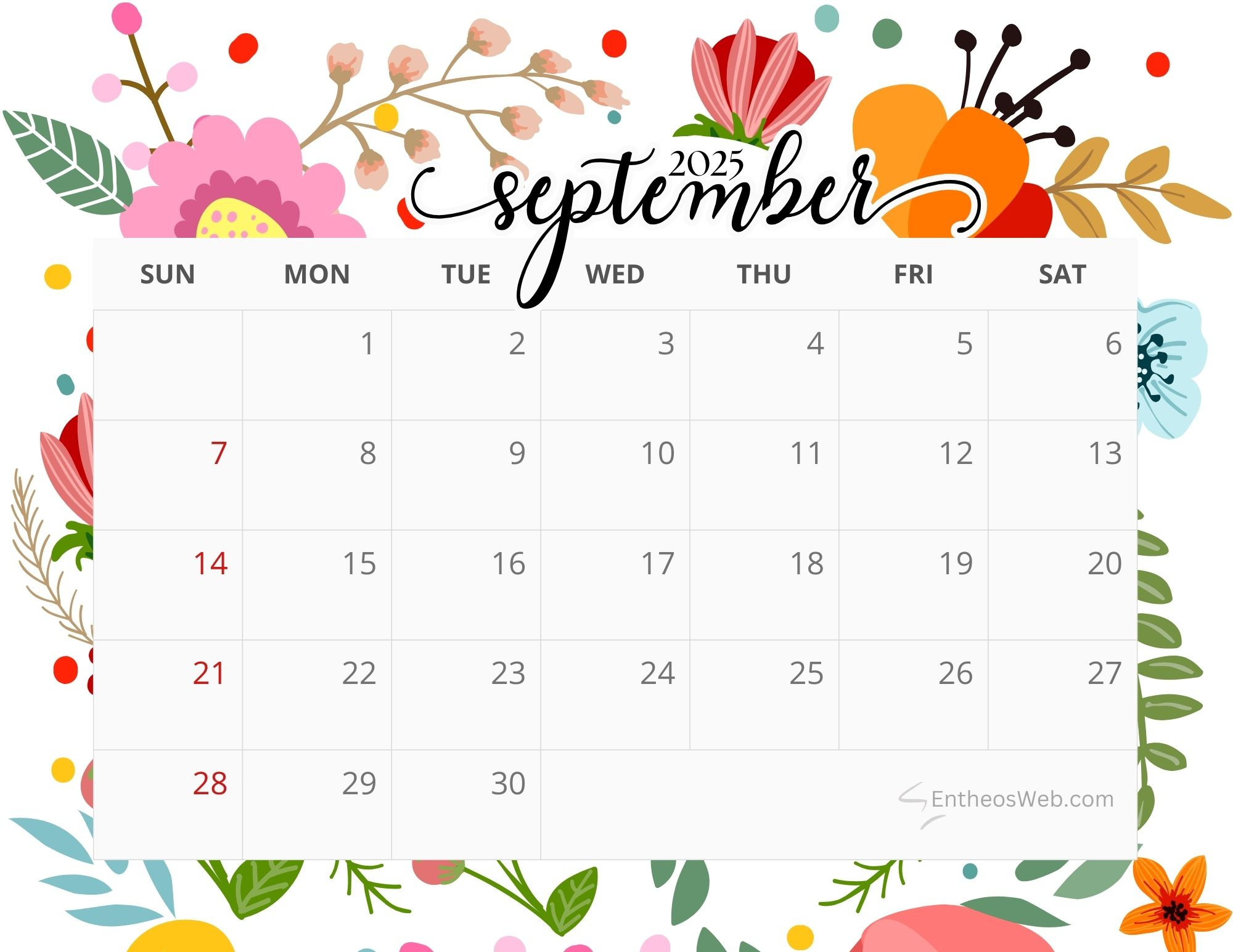 Floral Calendar Printables | Entheosweb intended for September 2025 Calendar Flowers