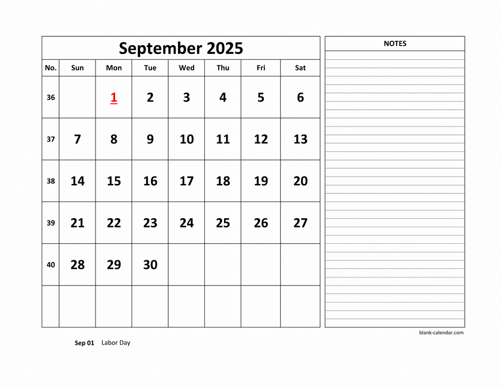 Free Download Printable September 2025 Calendar, Large Space For pertaining to September 2025 Calendar With Notes