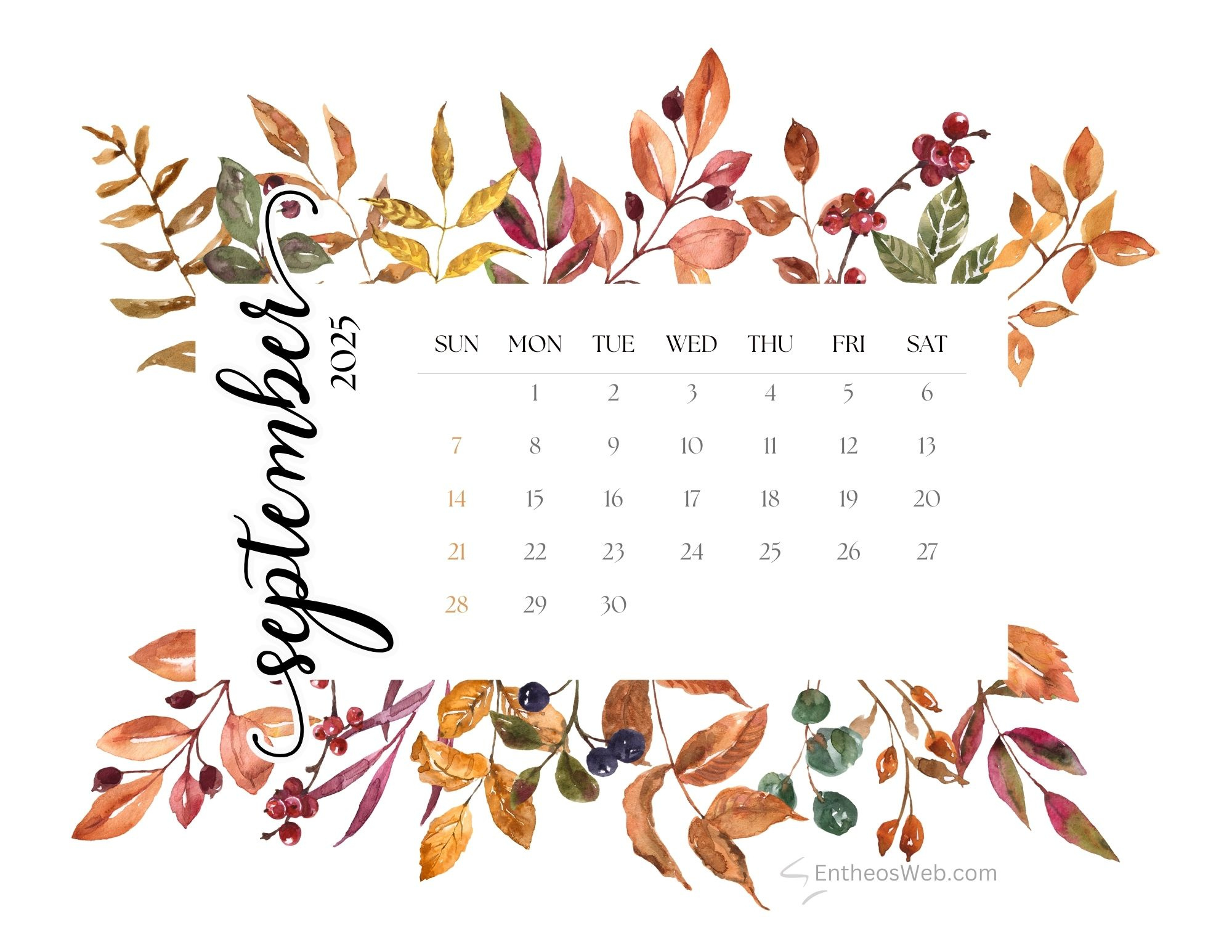 Free Printable September 2025 Calendars | Entheosweb throughout September 2025 Calendar Wallpapers Images