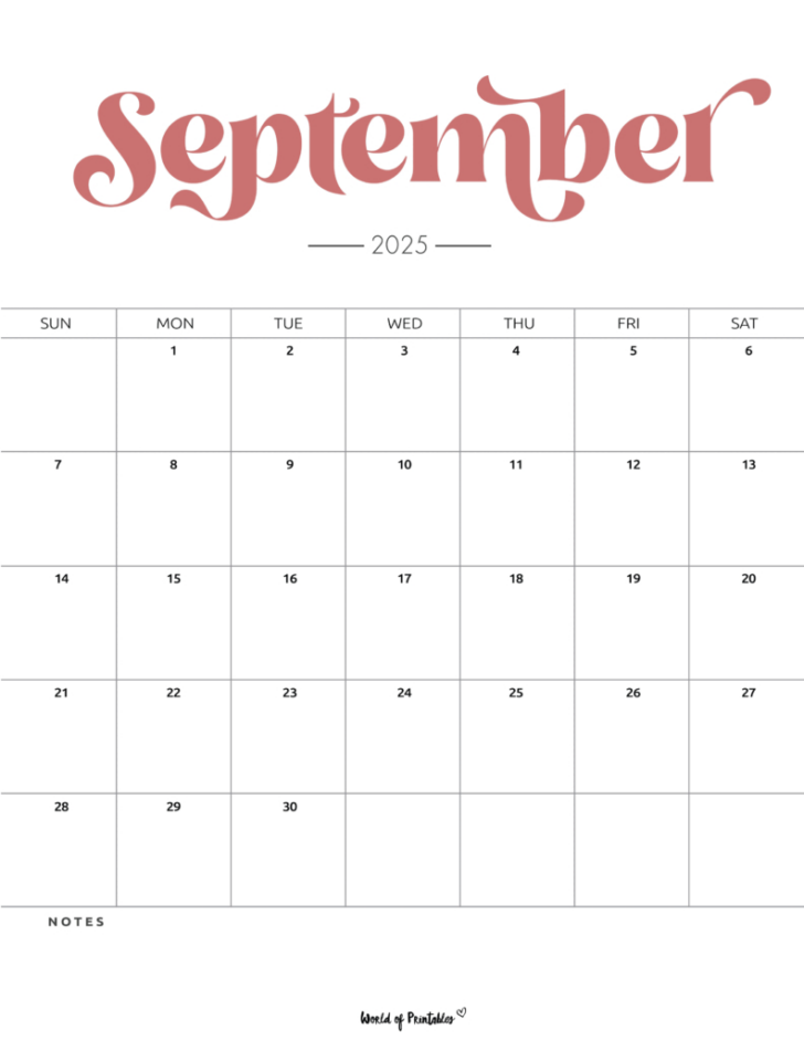 September 2025 Calendar Printable with Notes