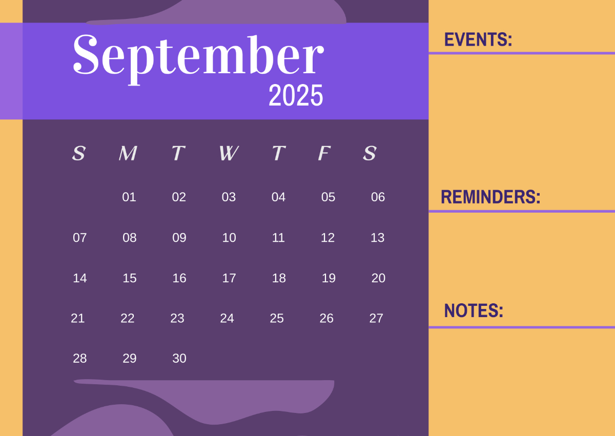 Free September 2025 Calendar With Events Column Template To Edit pertaining to Show September 2025 Calendar