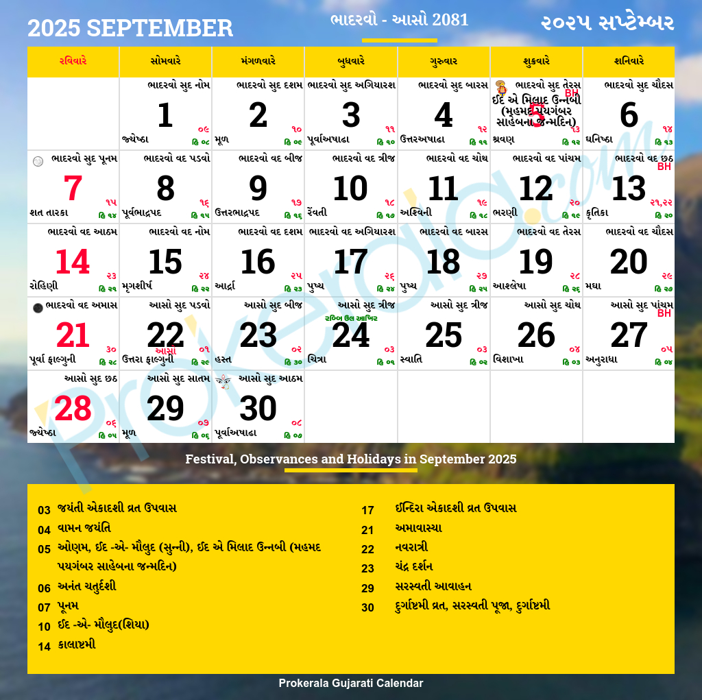 Gujarati Calendar September, 2025 | Vikram Samvat 2081, Bhadarvo, Aso throughout September 2025 Calendar Gujarati Hd Free