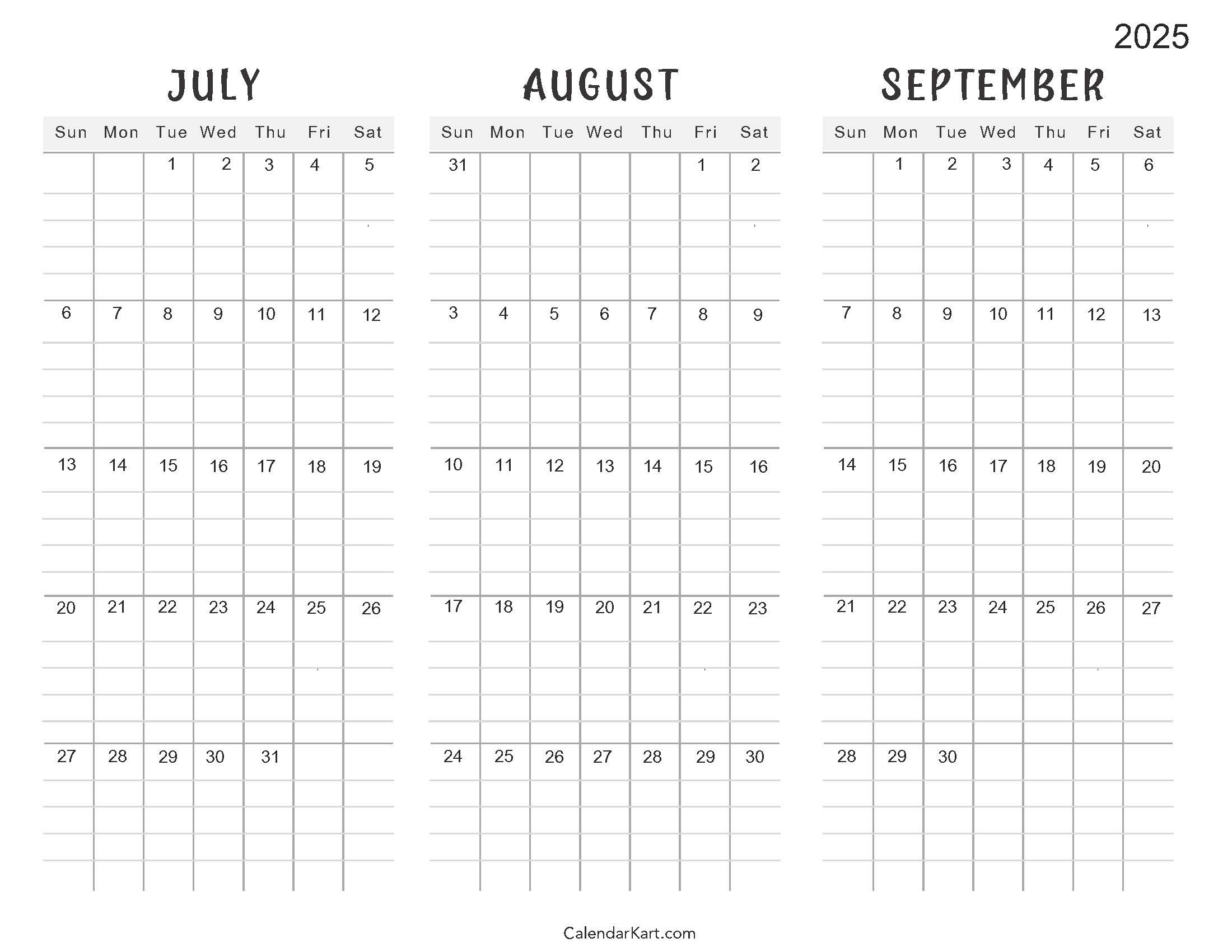 July To September 2025 Calendar (Q3) - Calendarkart within Free Printable Calendar July September 2025