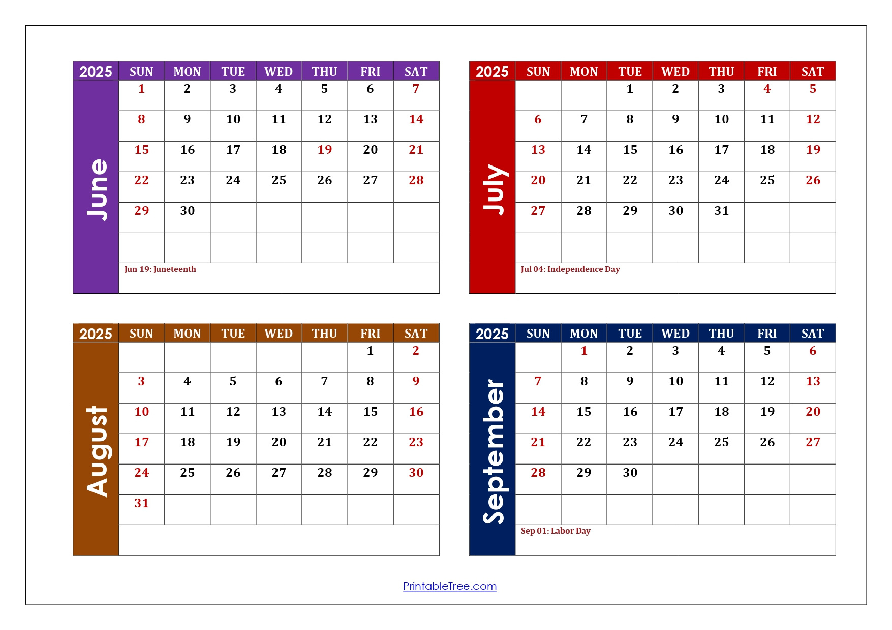 June To September 2025 Calendar Printable Pdf | Four Months Calendar throughout June July August September 2025