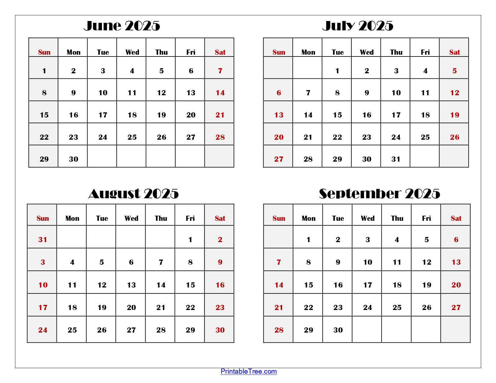 June To September 2025 Calendar Printable Pdf | Four Months Calendar with September 2025 To June 2026 Calendar Printable