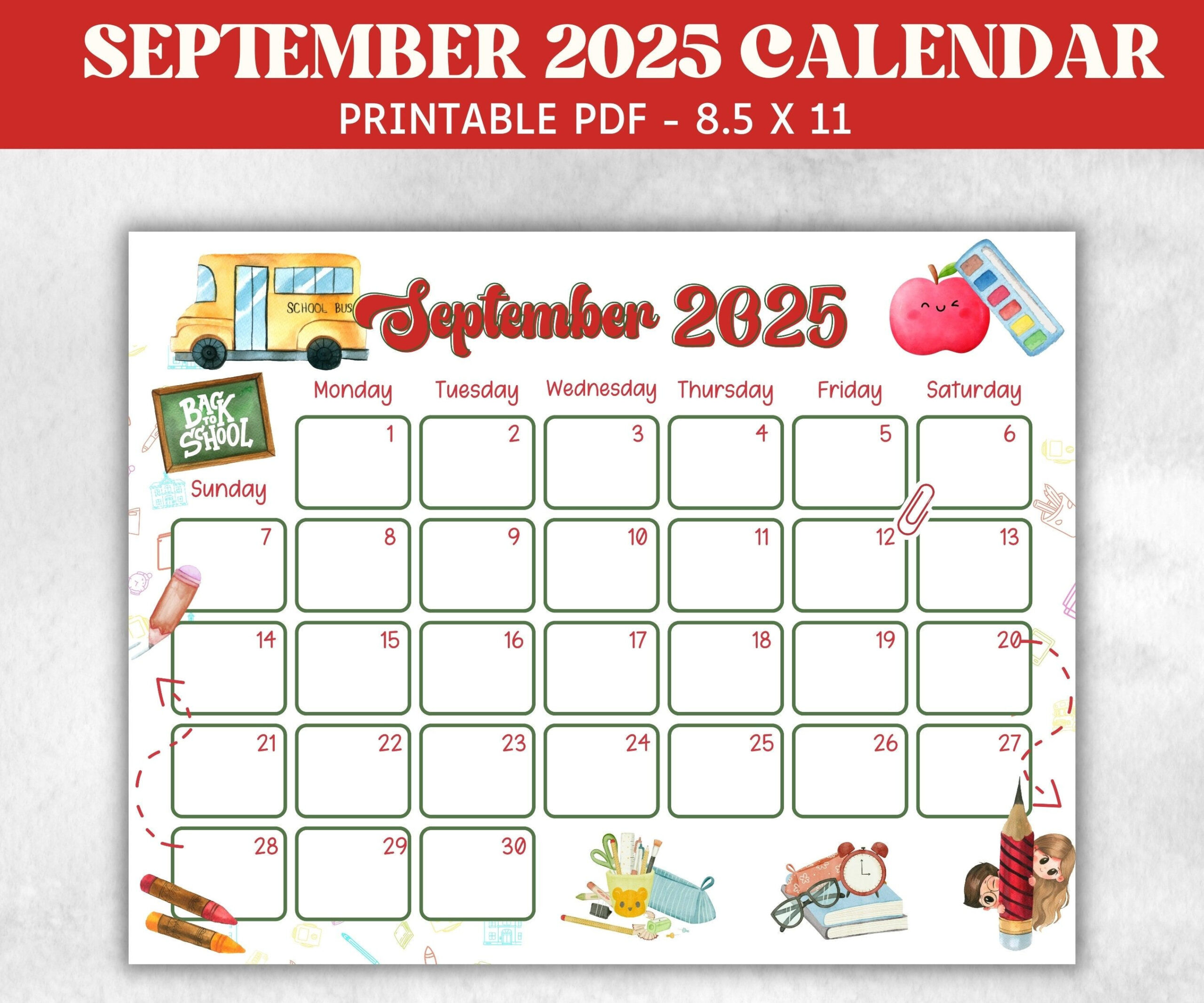 Kid September 2025 Calendar, Printable 2025 Calendar, Homeschool with September 2025 Calendar School
