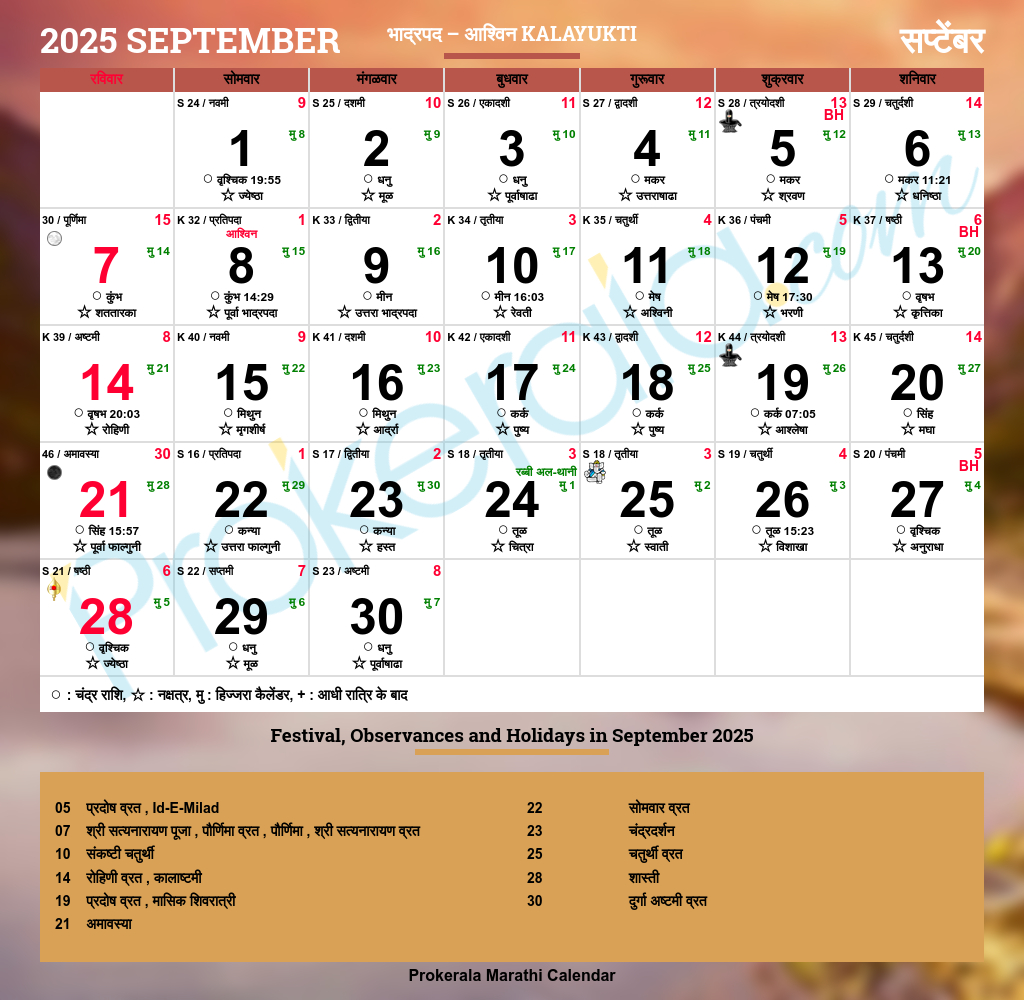 Marathi Calendar 2025 | Maharashtra Festivals | Maharashtra throughout September 2025 Calendar Marathi