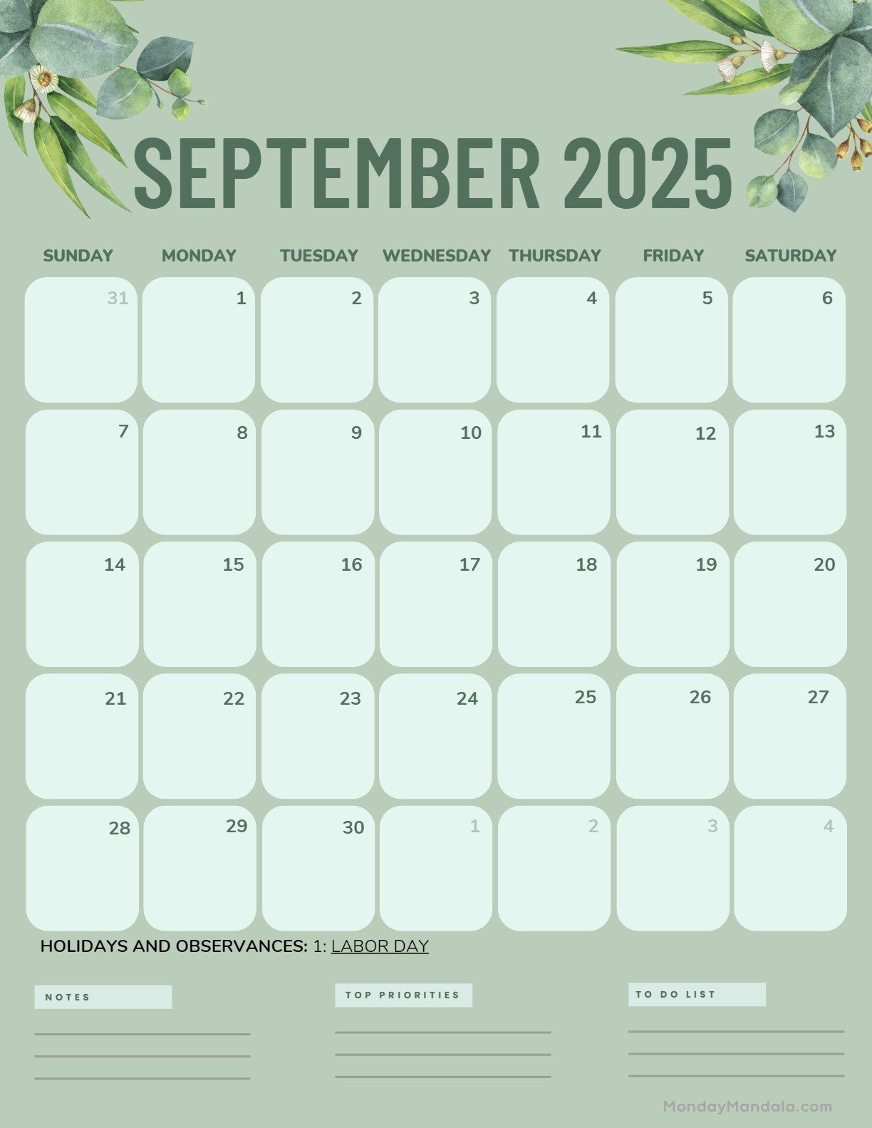 September 2025 Calendar (52 Free Pdf Printables) with September 2025 Calendar Green