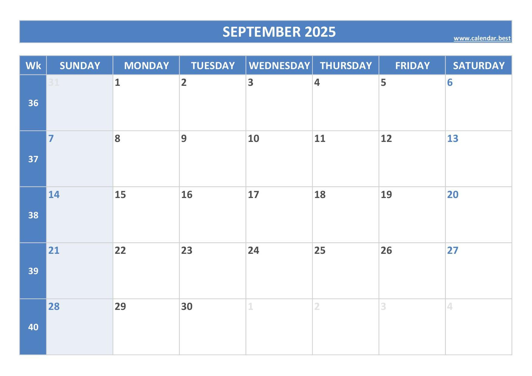 September 2025 Calendar -Calendar.best inside September 2025 Calendar Blue