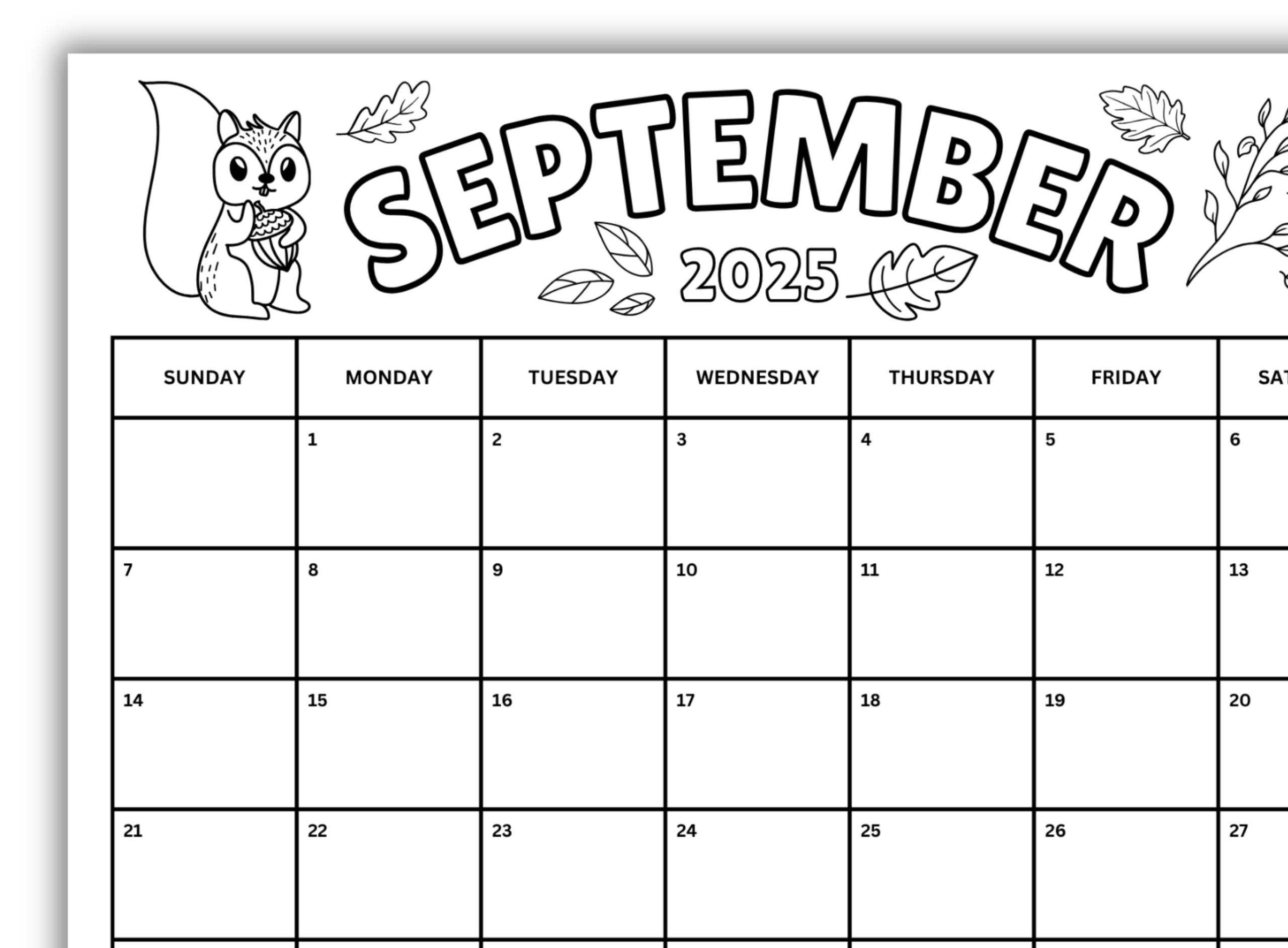 September 2025 Coloring Calendar, Printable September Calendar throughout September 2025 Calendar Coloring Page