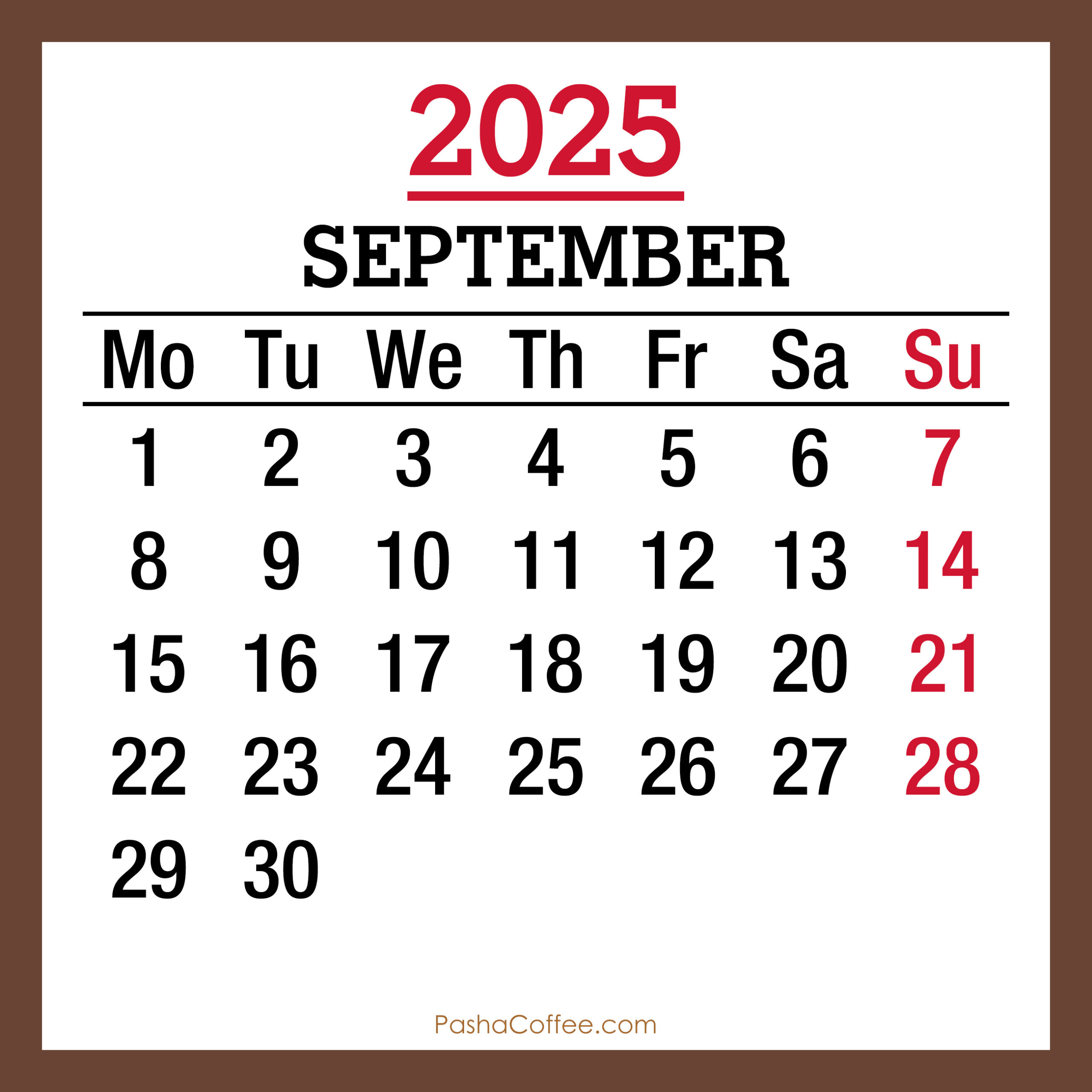 September 2025 Monthly Calendar, Printable Free, Brown, Monday in September 2025 Calendar Monday to Sunday