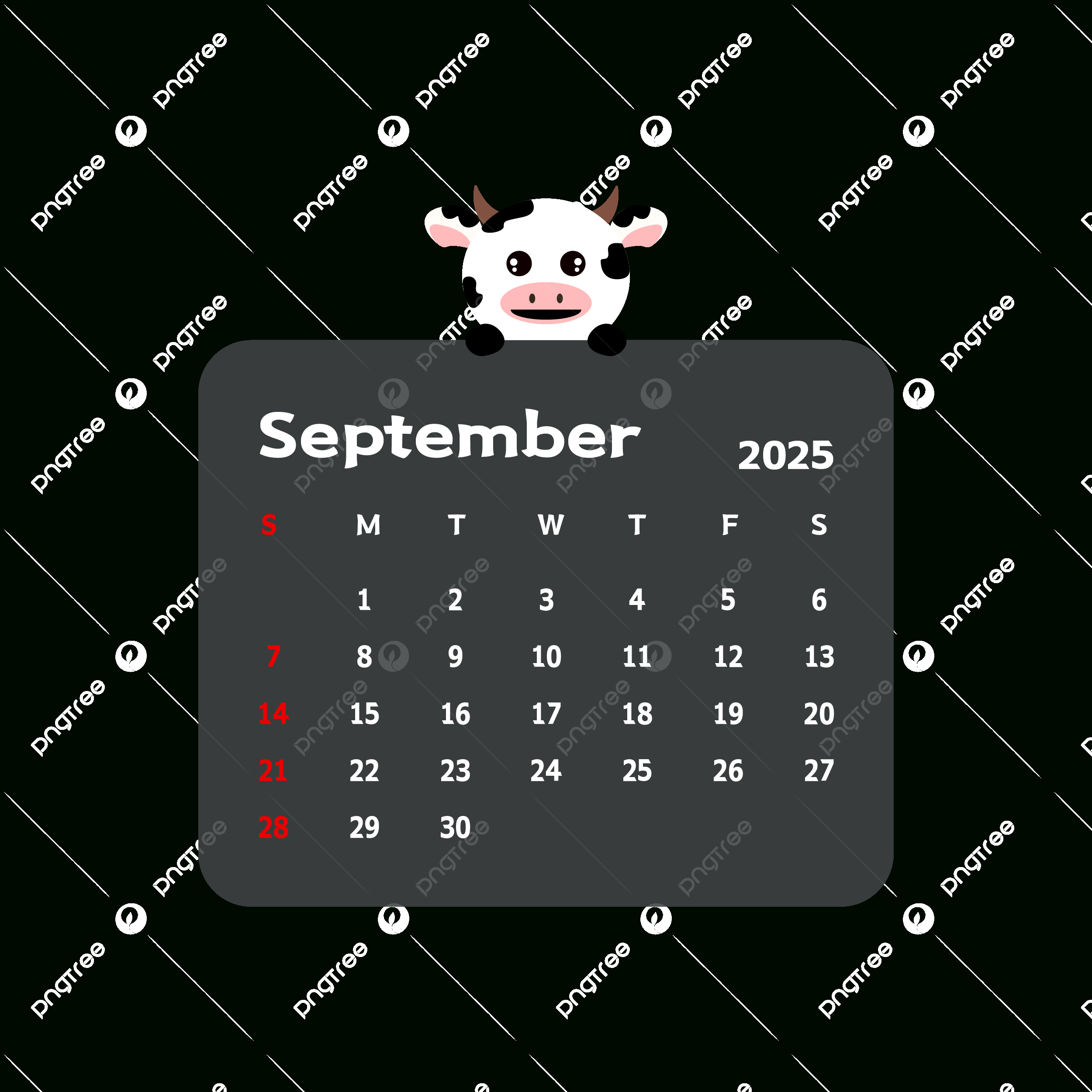 September 2025 Monthly Calendar With Cartoon Cow Vector, Cow in September 2025 Calendar Clip Art