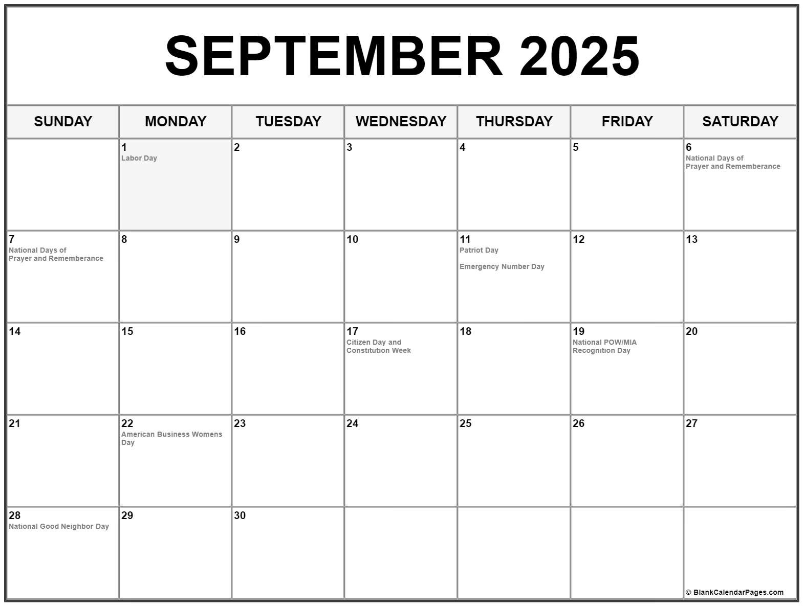 September 2025 With Holidays Calendar intended for September 2025 Calendar Us