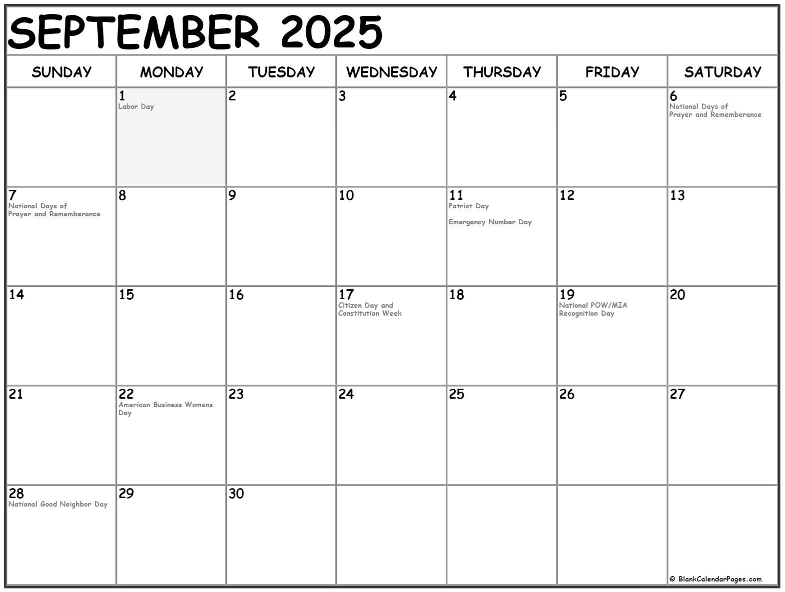 September 2025 With Holidays Calendar within National Day Calendar September 2025