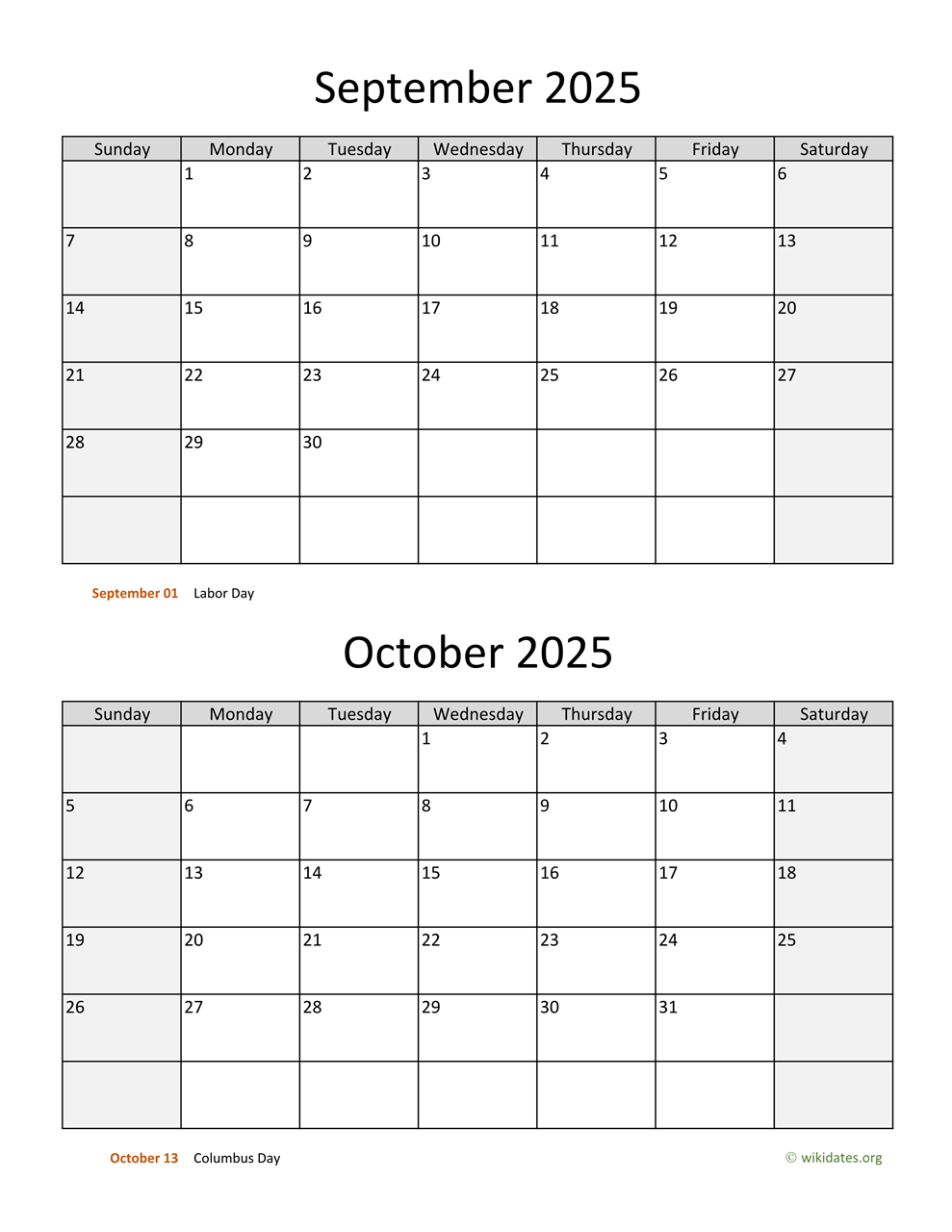 September And October 2025 Calendar | Wikidates within Printable September October 2025 Calendar